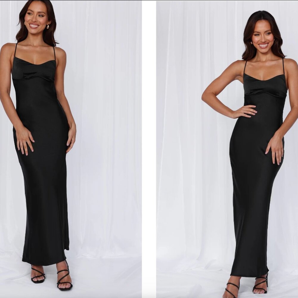 Hello Molly NWT the Samara Black Satin Maxi Dress- Size 6 - Picture 2 of 13